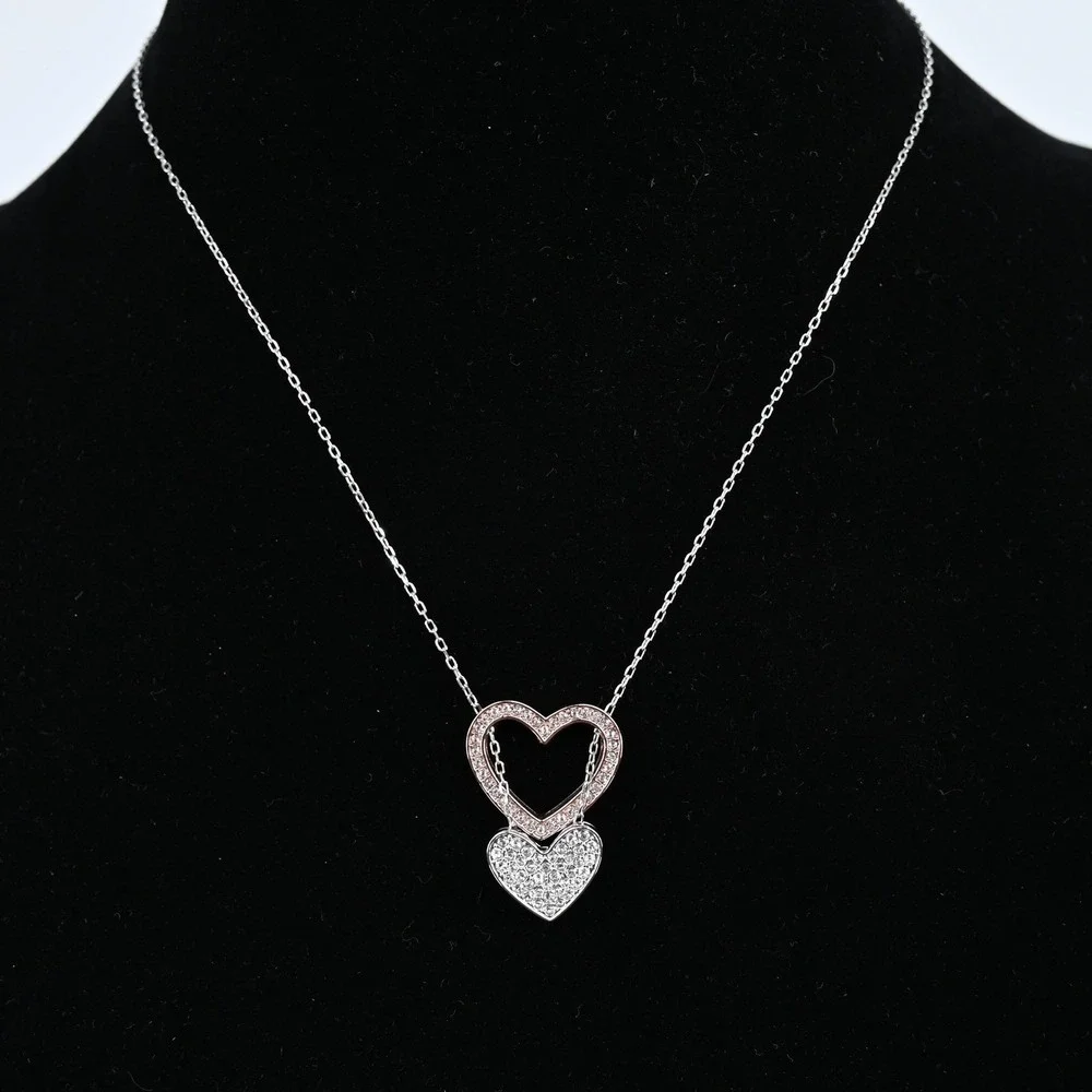 Signed Swarovski Crystal Double Heart Rose Gold Silver Mixed Metal Necklace